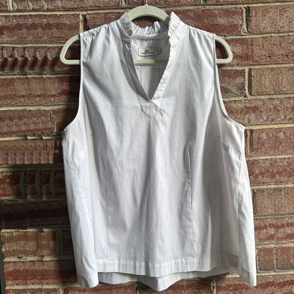 Vineyard Vines White Cotton/Spandex Ruffle Collar V-Neck Top, Size 16, XL